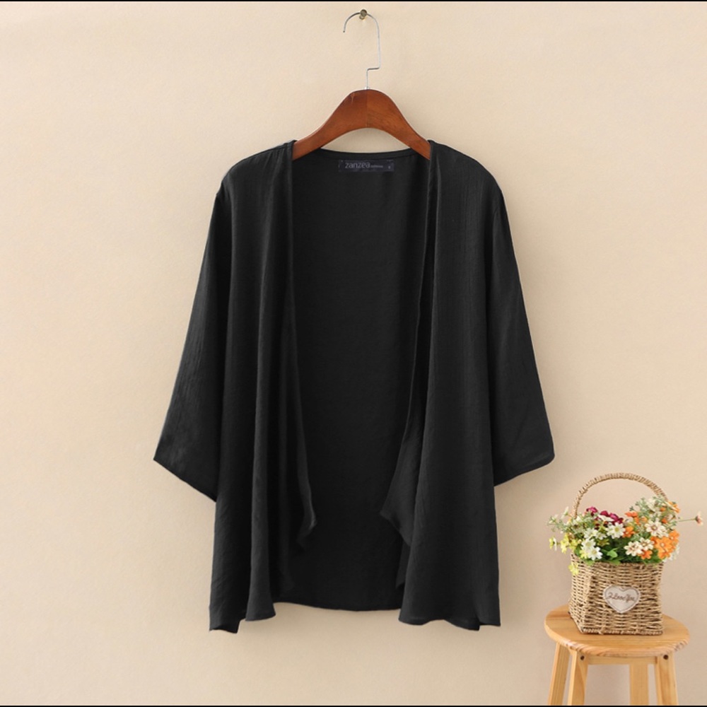 NWT SHEER Zanzea Black 3/4 Sleeve Open Front Lightweight Cardigan Size XL